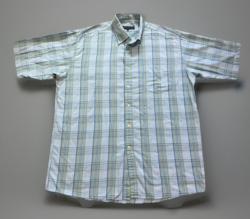 Siegfried Preppy Seersucker Shirt Mens XLT Blue Plaid Short Sleeve Button Down